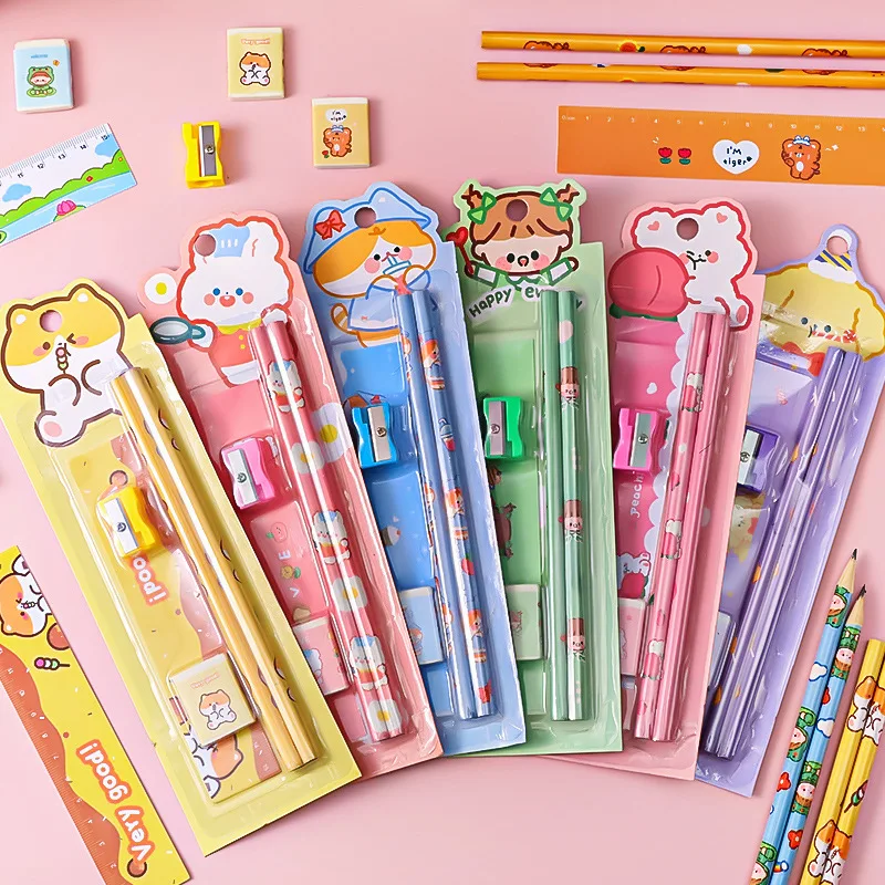 1Set Cute Cartoon Stationery Set Kid Gifts for Elementary Students Pencil Sharpener Ruler Eraser Kawaii School Supplies for Math