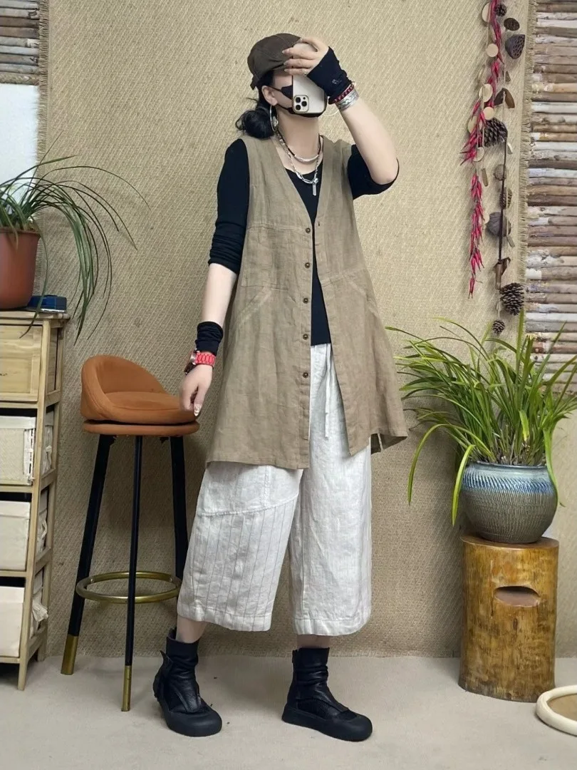 

Retro Style Casual Vest Jacket Mid-Length Single Button Split Loose Fit Women's plus Size Summer Top Pear Body Type