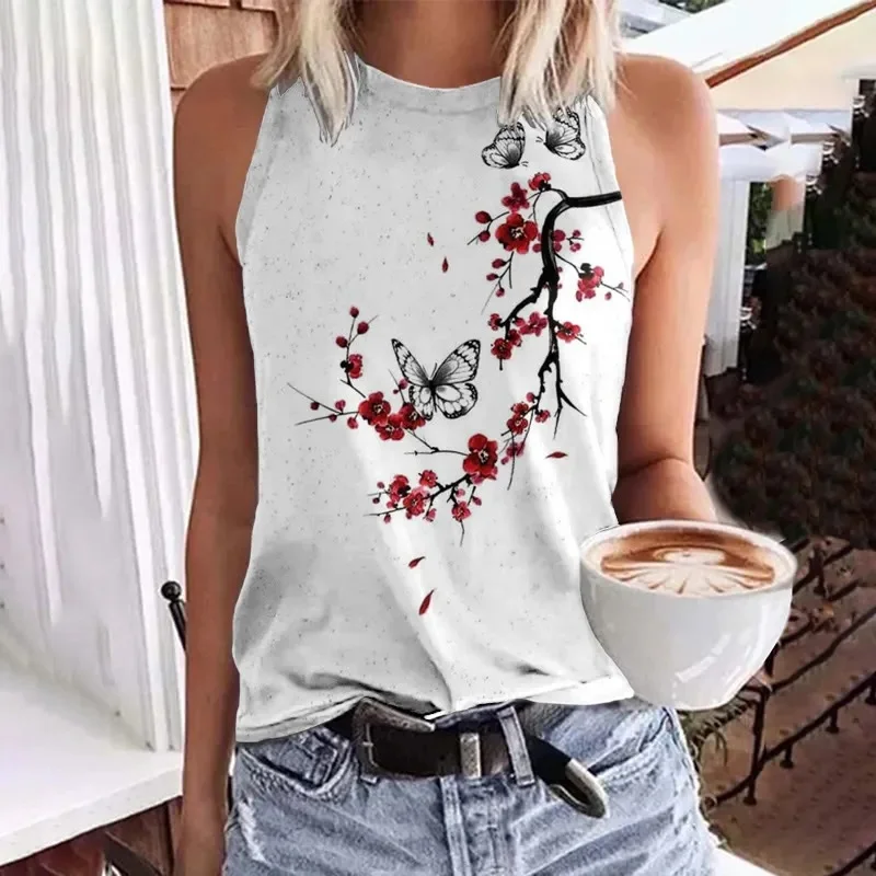 Traditional Japanese Ukiyo-e Swallow Peony Pattern Art Print Crew Neck Tank Top Summer Women's Casual Vest