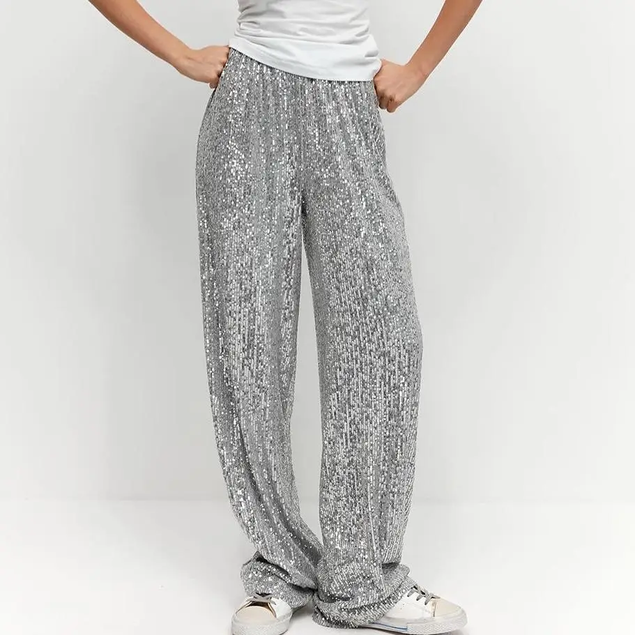 

Модные повседневные брюки для женщин: свободные длинные брюки с пайетками, блестящие, удобные, прямого кроя, для женщин среднего возраста