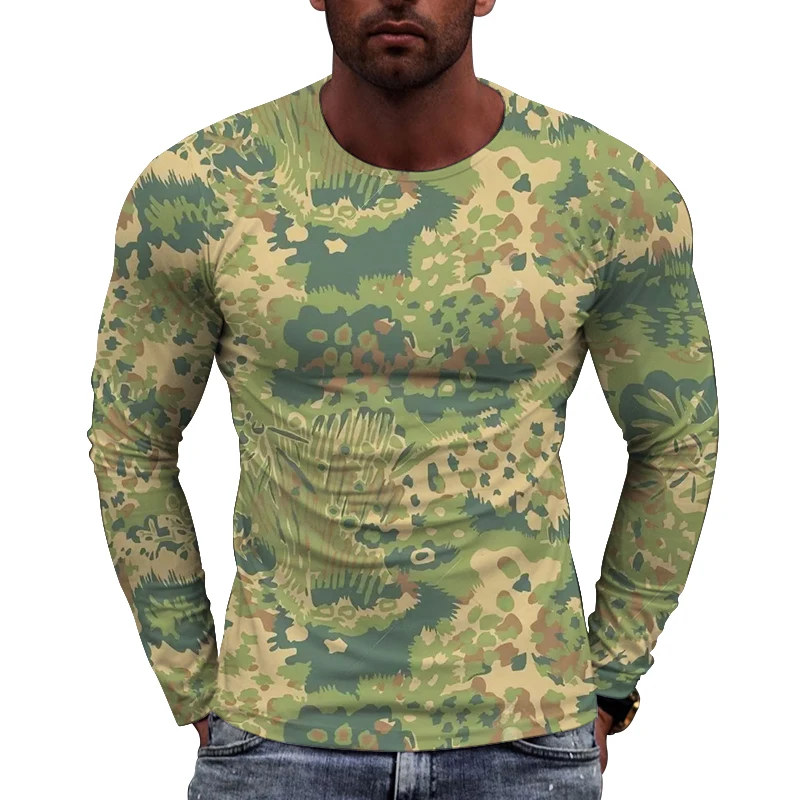 New Camouflage Printed European Size long Sleeved T-shirt For Men\'s Casual Autumn Trend Top Round Neck Tees