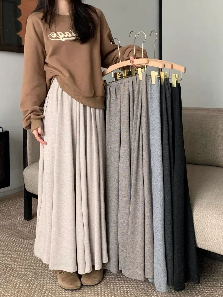 

Юбка женская больших размеров с высокой талией, свободного кроя, А-силуэт, длинная, весна-осень, скрывающая недостатки фигуры, повседневная, в корейском стиле