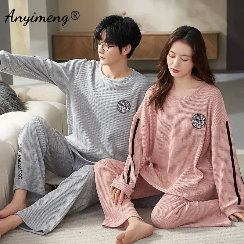 Spring Autumn His and Hers Pajamas New Fashion Nightwear Long Sleeved Stripe Printing Waffle Cotton Couple Pijama Sleepwear