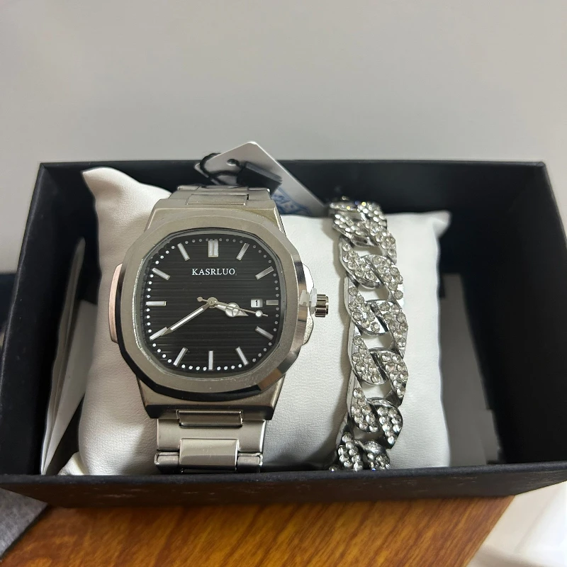 남성용 시계 간단한 야간 조명 달력 포함 쿼츠 남성용 시계+팔찌