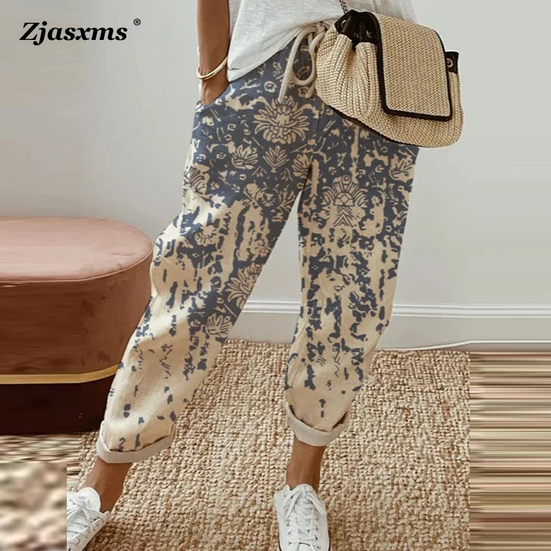 

Ethnic Retro Print Women Mid-waist Ankle Length Pant Summer Pocket Straight Trousers Lady Casual Drawstring