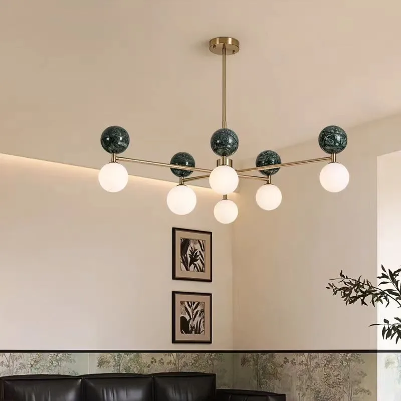 

Modern All Copper Green Marble Ball Chandelier White Glass Hanging Lamps Bedroom Living Room Hotel Restaurant LED Pendant Lights