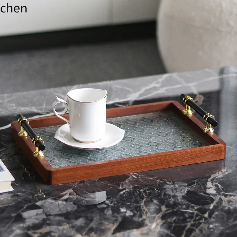 solid wood rectangular glass tray with handle, decorative item for model homes, hotels, tea rooms, and restaurants