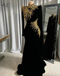 Middle East Muslim Black Evening Dresses Mermaid Velvet Formal Occasion Dresses With Gold Beads Robes De Soirée Customized