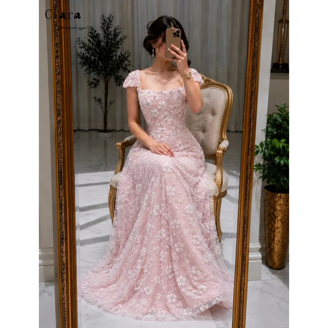 Clara Maßgeschneidertes Rosa Quadratischer Ausschnitt A-Linie Spitze Elegantes Partykleid 2026 Abendkleider für Luxus-Partys Damen-Abendkleid Gala