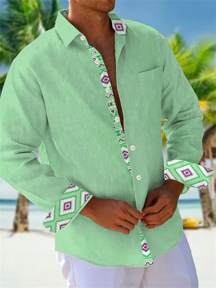 Camisa con patrón de empalme para hombre, color sólido, rosa y azul, cómoda y suave, nuevo patrón, informal, playa al aire libre, camisa con bolsillo superior