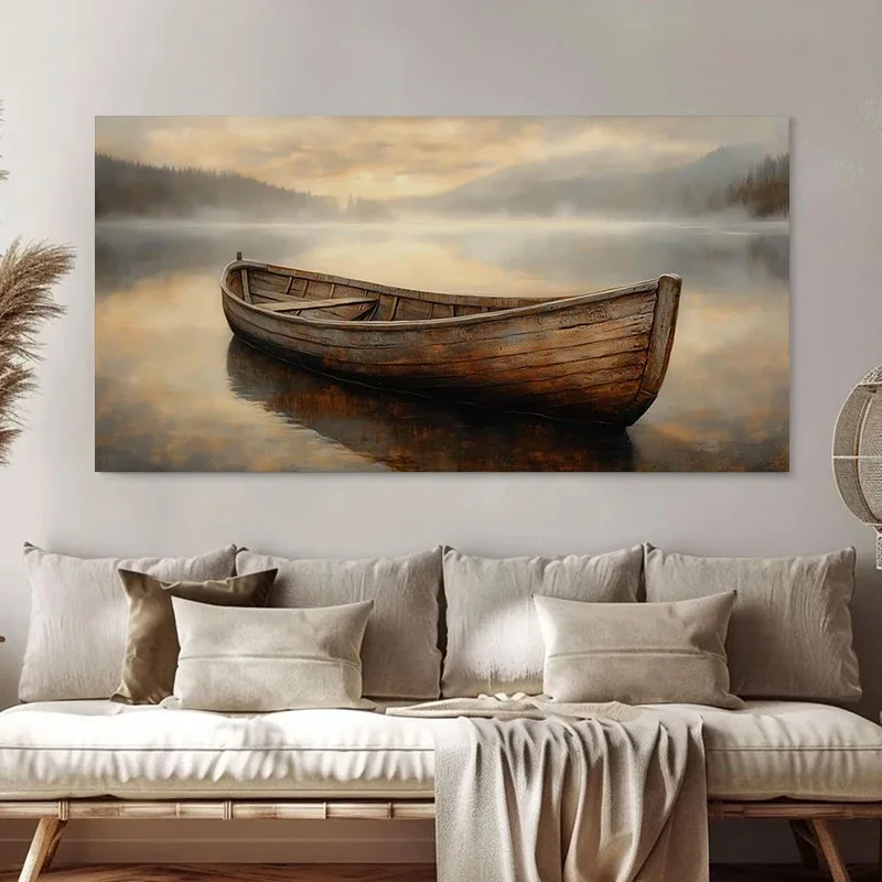 Multiple sizes 1pc frameless  Large size Canvas Painting,Rustic Brown Boat on Lake en Canoe Lake House Poster and Prints Canvas