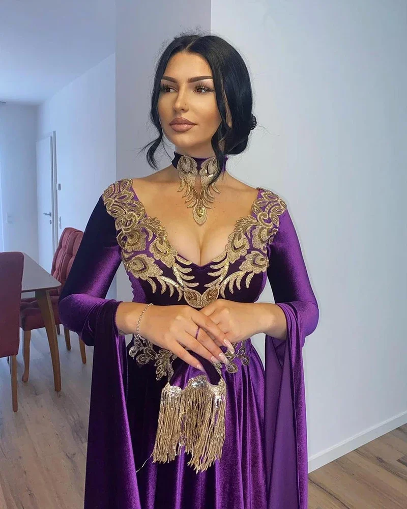 Lila Kaftan Abendkleider lange Ärmel Ballkleid Abend Spitze Applikationen Französisch Frauen formelle Party kleider فساتين الس카رة 2024