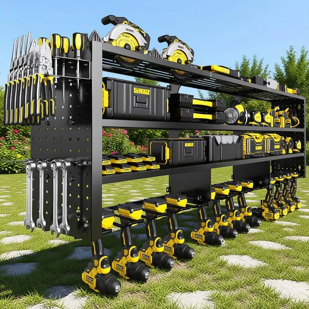 

49 Wide Wall-Mounted Heavy-Duty Metal Tool Organizer with 4 Layers and 12 Drill Holders for Garage Workshop Storage