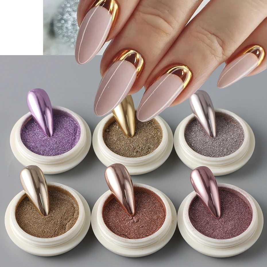 6 pcs Chrome Nail Powder Bright Gold Rose Gold Antique Copper Shiny Rubbing Glitter Pigment Flakes Nail Metallic Chrome Powder