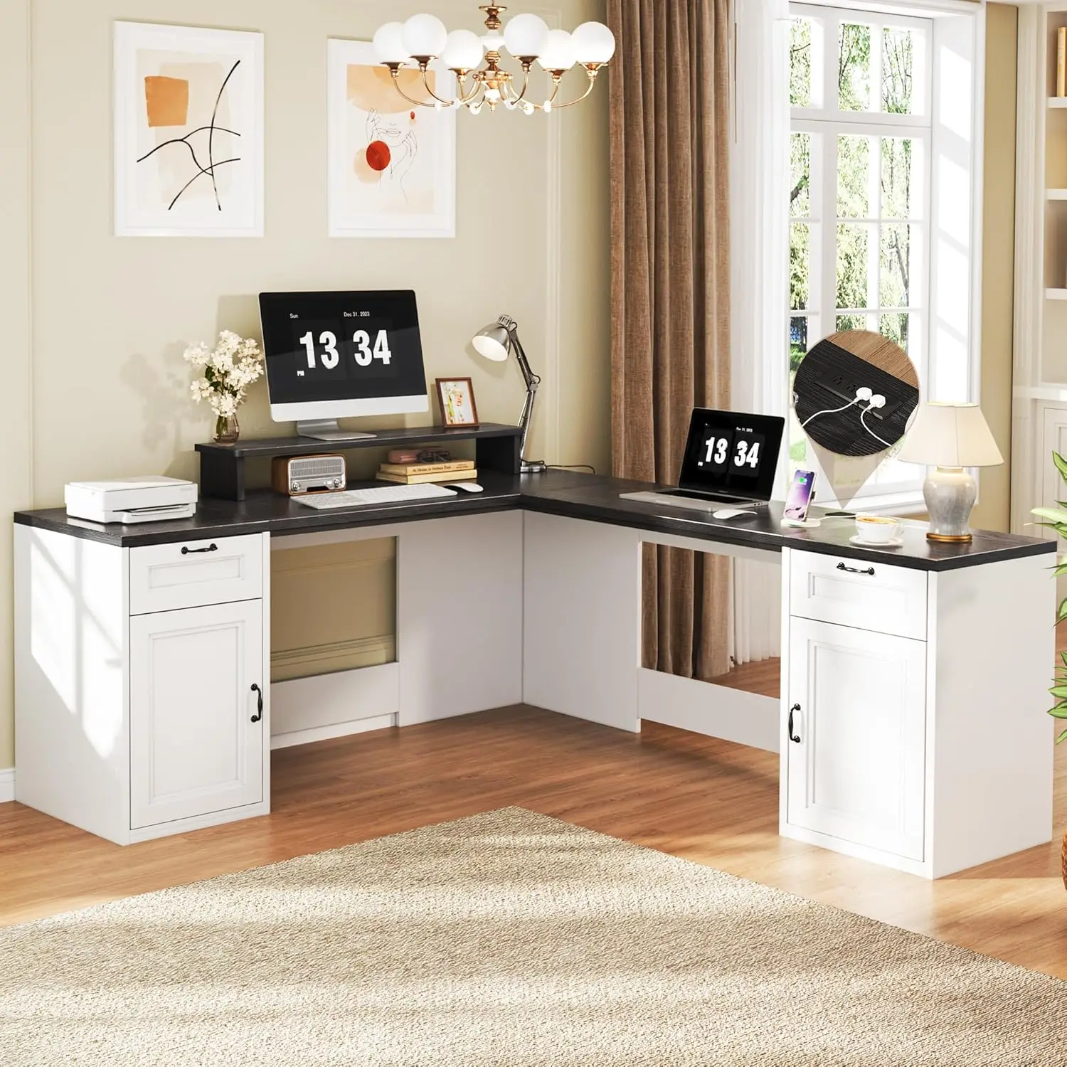 

78-дюймовый L-образный офисный стол с ящиками, розетками, подставкой для монитора, тумбой, полкой для принтера, в стиле фермерского дома, на заказ