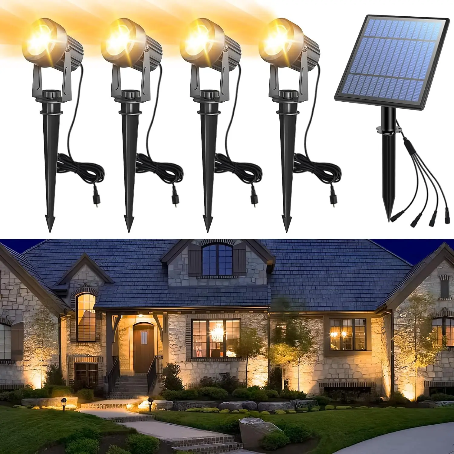 

4-in-1 Solar Landscape Lights with Dusk-to-Dawn Sensor, IP65 Waterproof, 9.8ft Cable for Yard Garden Decoration