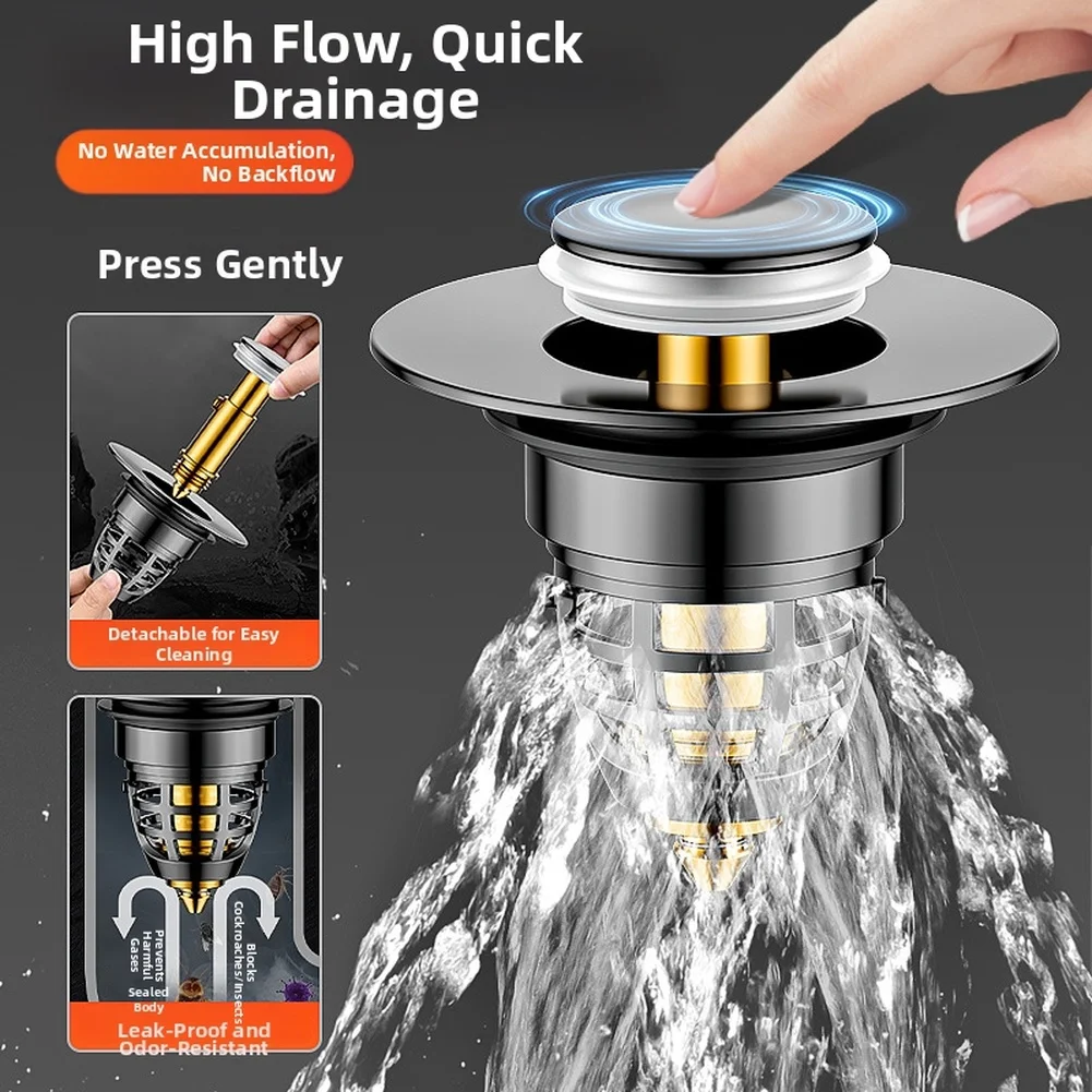 For Basin Stopper Stainless Steel Press Type with ABS Panel Brass Core and Detachable Filter 6.2 3.3 5.8cm Gray