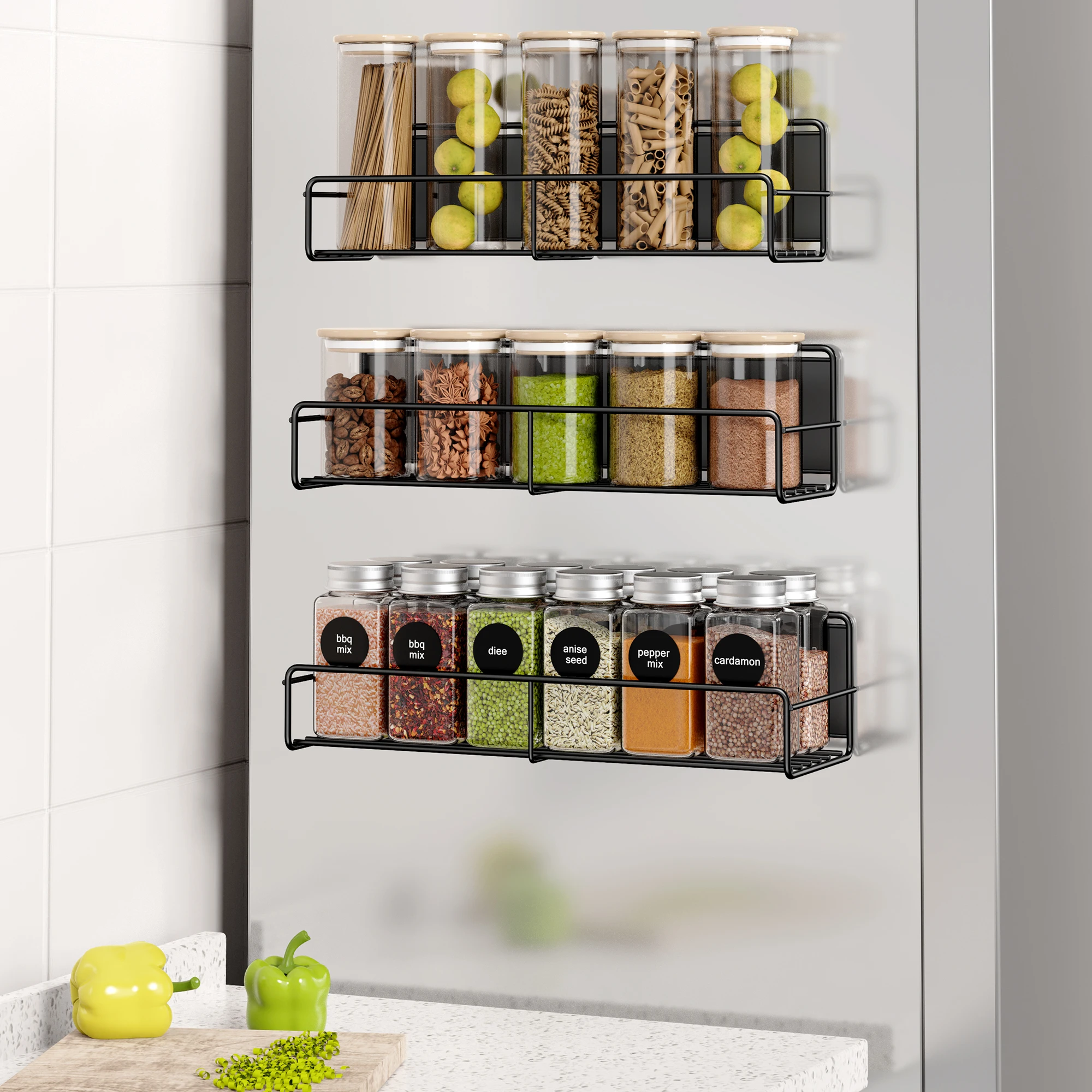 

3PCS Metal Magnetic Storage Rack Spice Seasoning Kitchen Organizer Space Saver For Refrigerator Microwave Oven Metal Flat Shelf