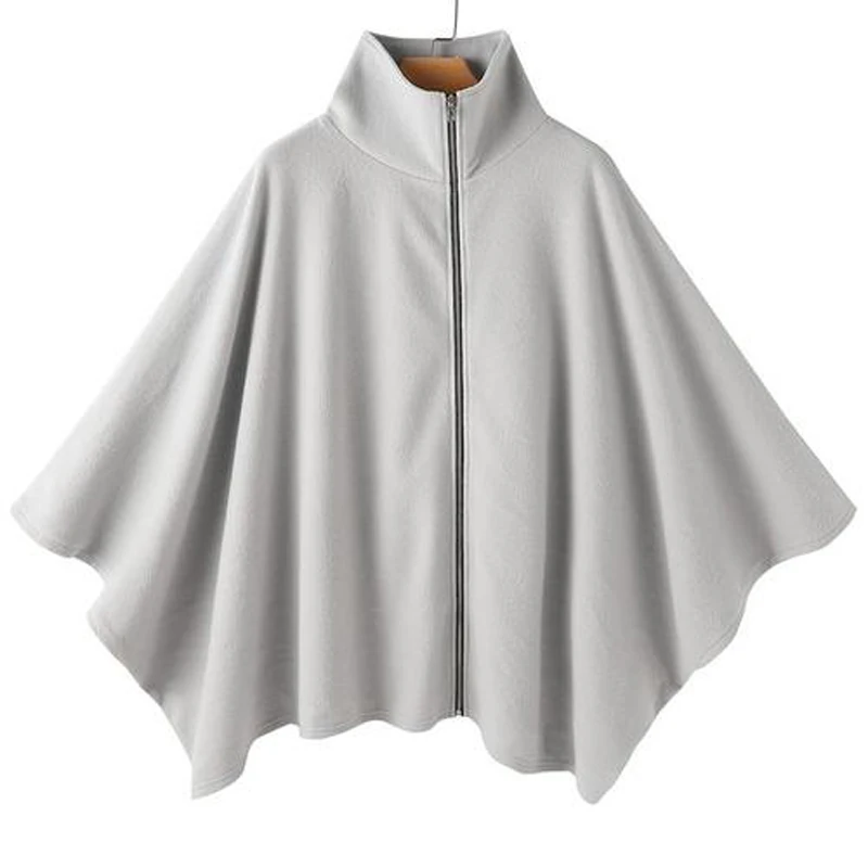 Faux Fleece Stand Collar Woman Poncho Women's Cloak Cape Light Silver Color Zipper Cardigan Winter Ladies' Solid Tops White Cape