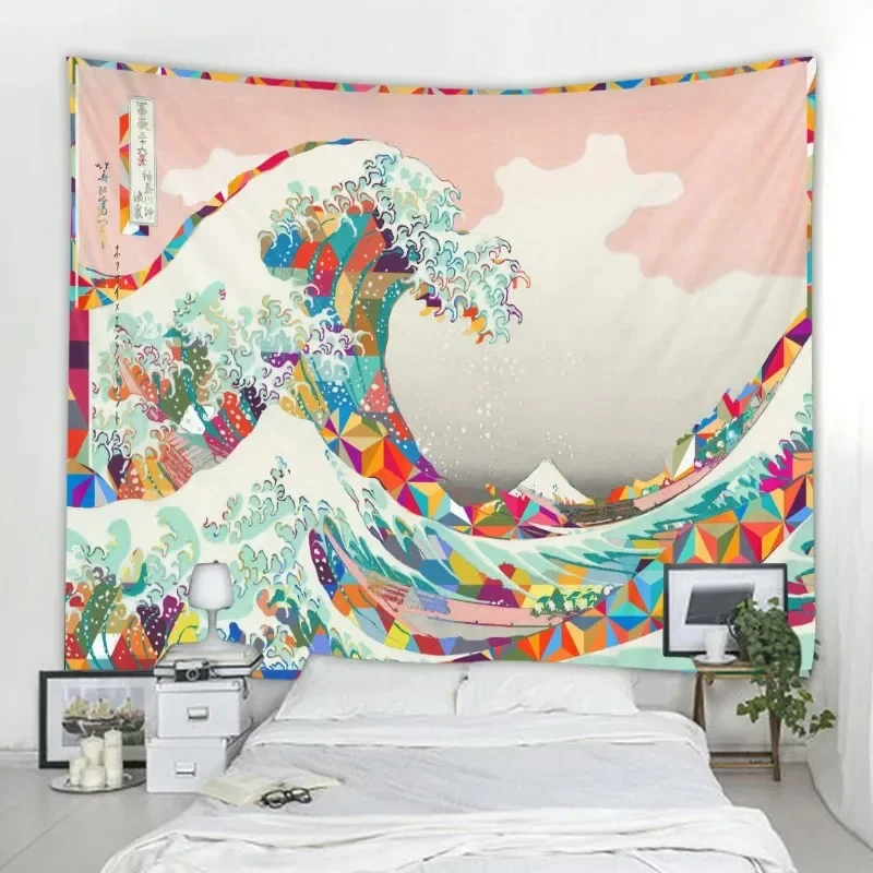 

Sea Wave Tapestry Ukiyo-e Creative Adaptation Children's Room Game Room Cafe Den Easy to Install Fun Wall Decoration