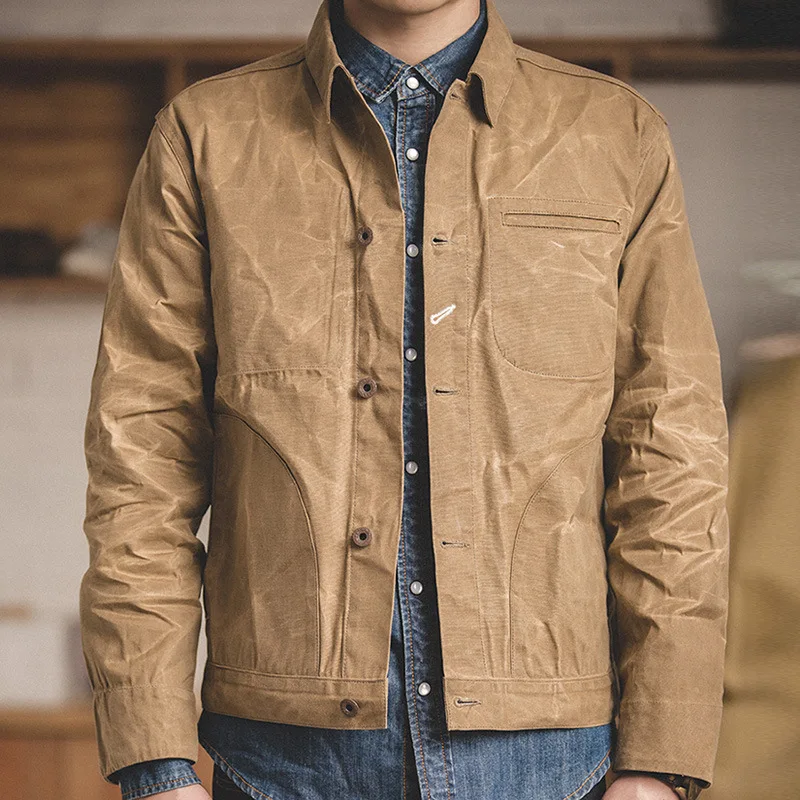 Retro Cargo Jacket Men Work Coat American Vintage Khaki Canvas Oil Wax Jackets for Men Clothing Casaco Moto Masculino Men Jacket