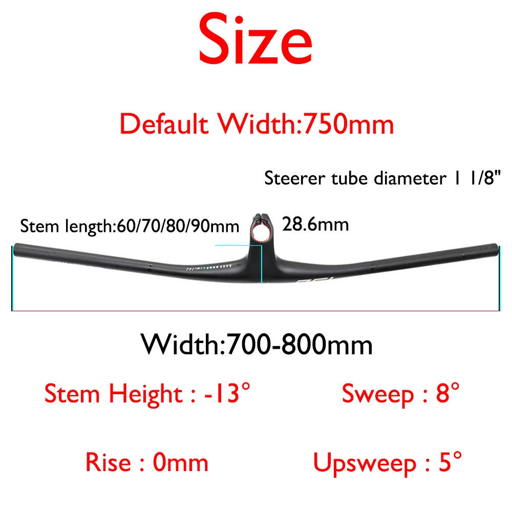 Guidon Intégré en Carbone pour Vélo de Montagne, Barre Plate XC avec Potence 750mm, Accessoires pour RSL, VTT, Cockpit, 13 Résistants