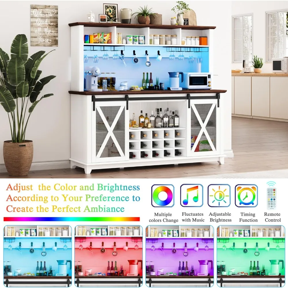 Armadietto da bar da 63 pollici con luci a LED, armadietto da bar per vino con contenitore, gabbia da cucina con porta scorrevole per fienile