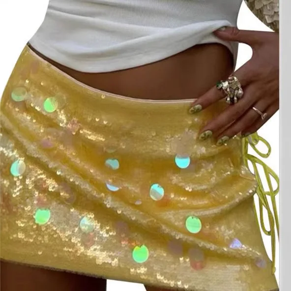 ONE TO WAN Womens Summer Sexy Party Clubwear Shiny Sparkle Sequined Side Split Bowknot Tied Hollowed Low Waist Short Mini Skirts