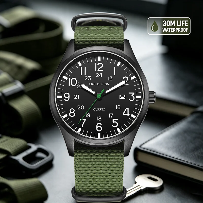 LIGE New Mens Wristwatch Simple Fashion Luminous Waterproof Calendar 12/24 Clock Nylon Sports Quartz Military Watches Men Reloj