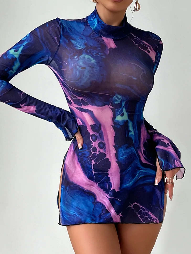 Dünne Mesh Tie-gefärbt Langarm Mini Kleid Sexy Frauen High Neck Dünne Mesh Transparent Seite Hohe Schlitz kleid Elegante Koreanische WU3R