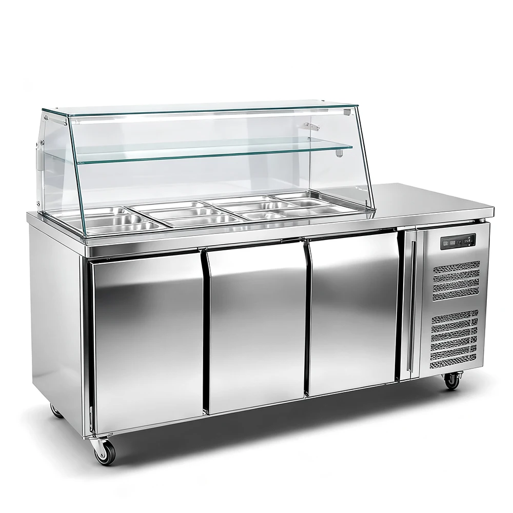 Commercial Kitchen Equipment Desktop Stainless Steel 3-Door Digital Temperature Control Multifunctional Fruit Salad Refrigerator