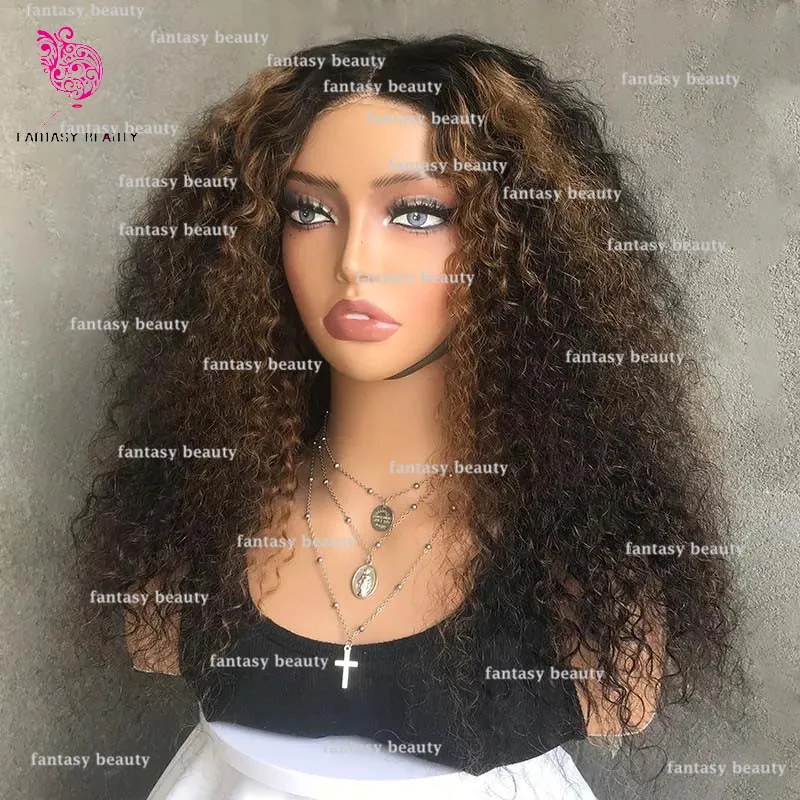 

Highlights women's long hair wig kinky curly brown comfortable glueless 360 transparent HD full lace 100% human hair woman's wig