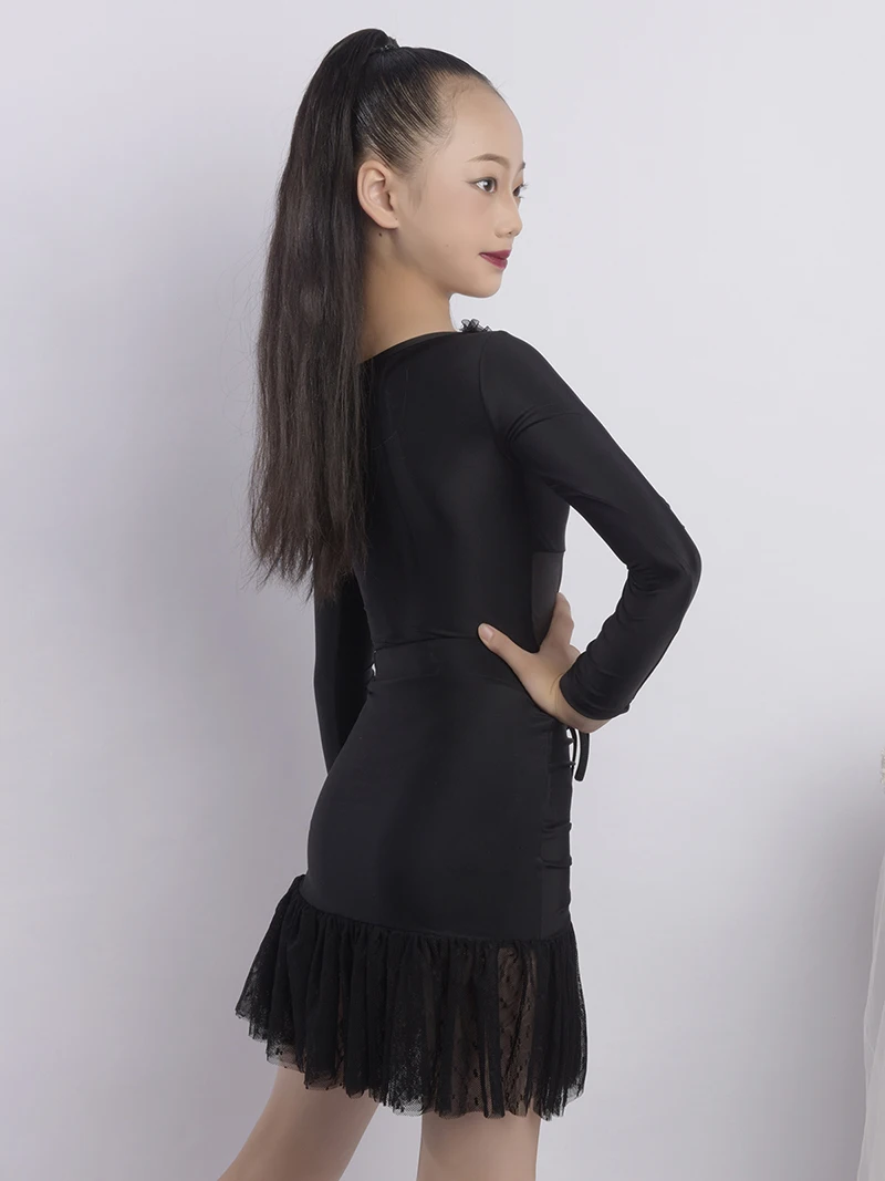 Ensemble de vêtements de danse latine pour enfants filles, body en cuir à manches longues et jupes à cordon de serrage, Costumes de danse pour spectacle sur scène