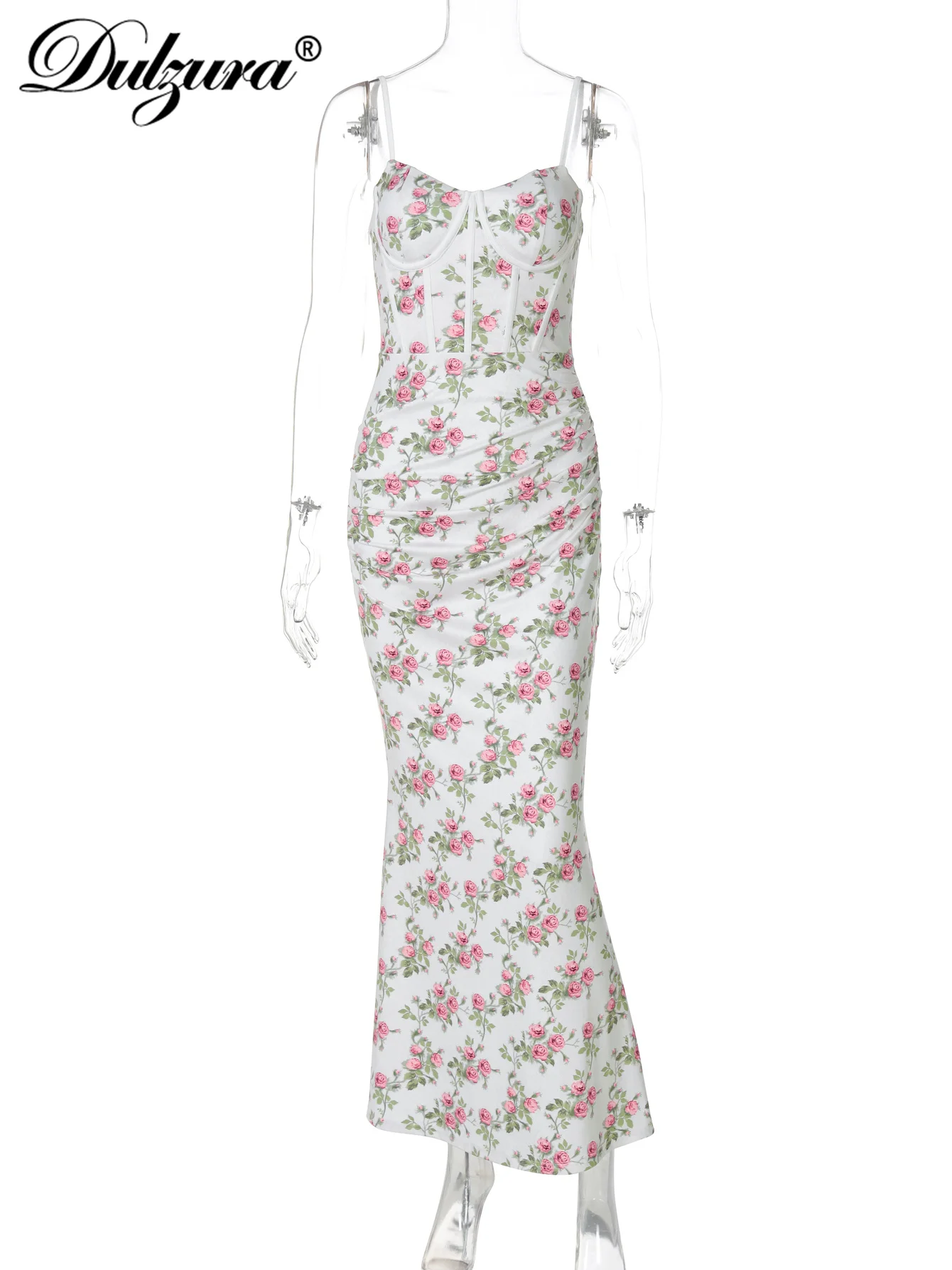 Dulzura Sleeveless Backless Slim Fit Ruched Floral Print Cami Maxi Dress Sexy Elegant Casual Long Dress Party Club Summer Outfit