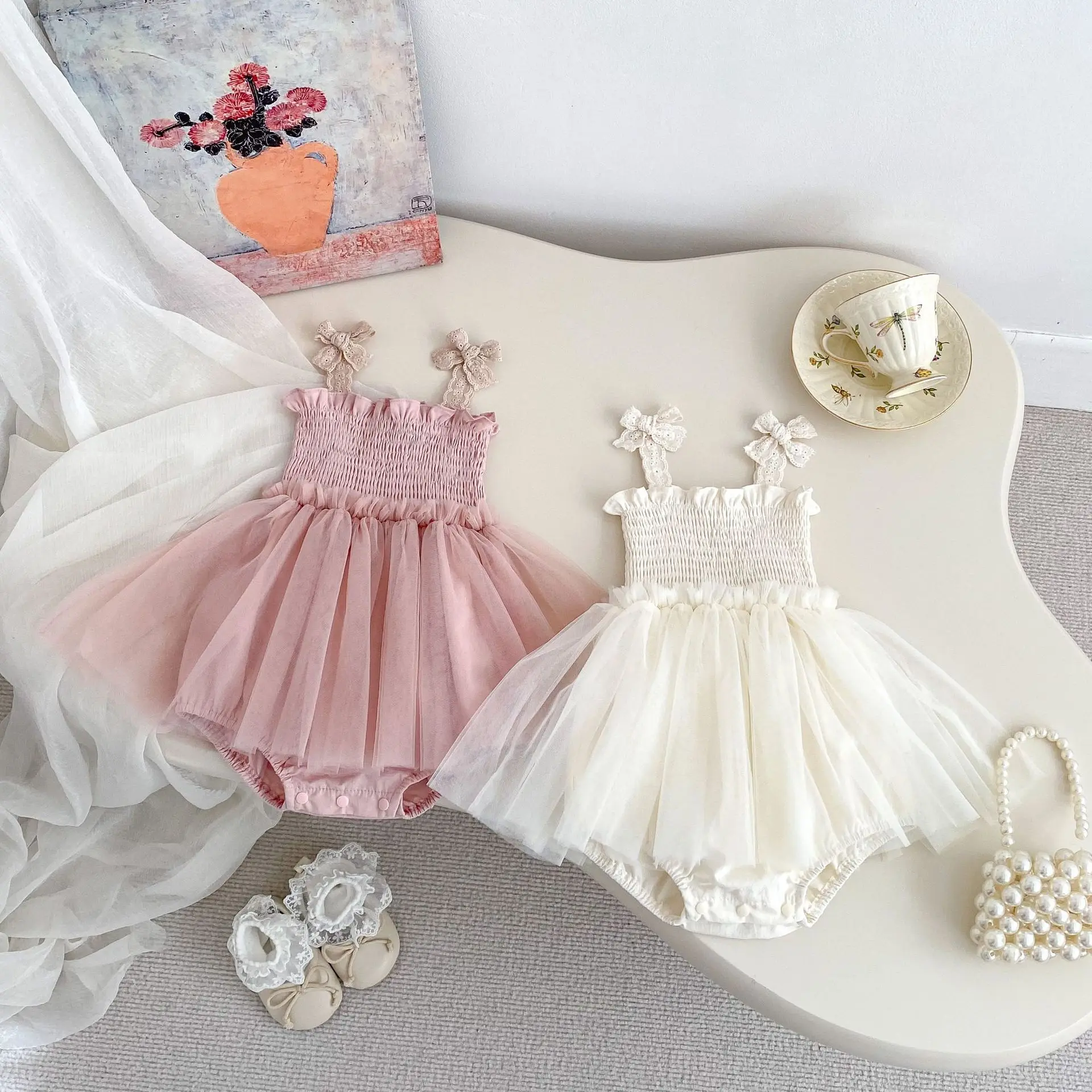 Baby Girl Summer New Bow Strap Bag Fart Clothes Baby Hundred Day Banquet One Year Old Princess Mesh Dress Gift Dress