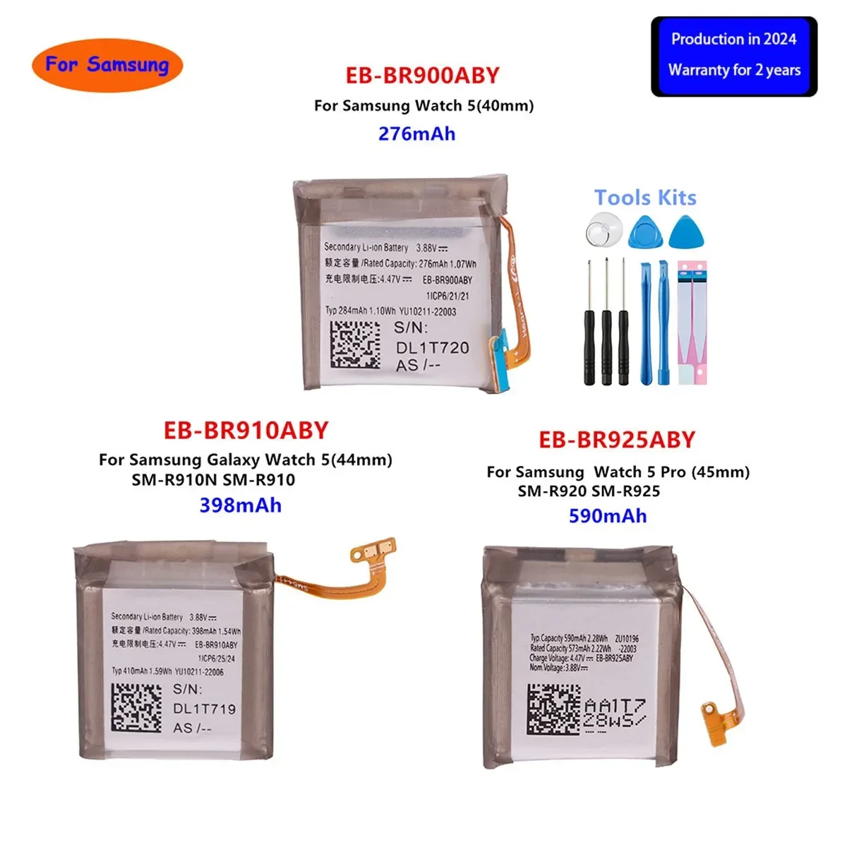 

Brand New EB-BR900ABY EB-BR910ABY EB-BR925ABY For Samsung Galaxy Watch5 40MM 44MM Watch 5 Pro 45MM Smart Watch Batteries+Tools