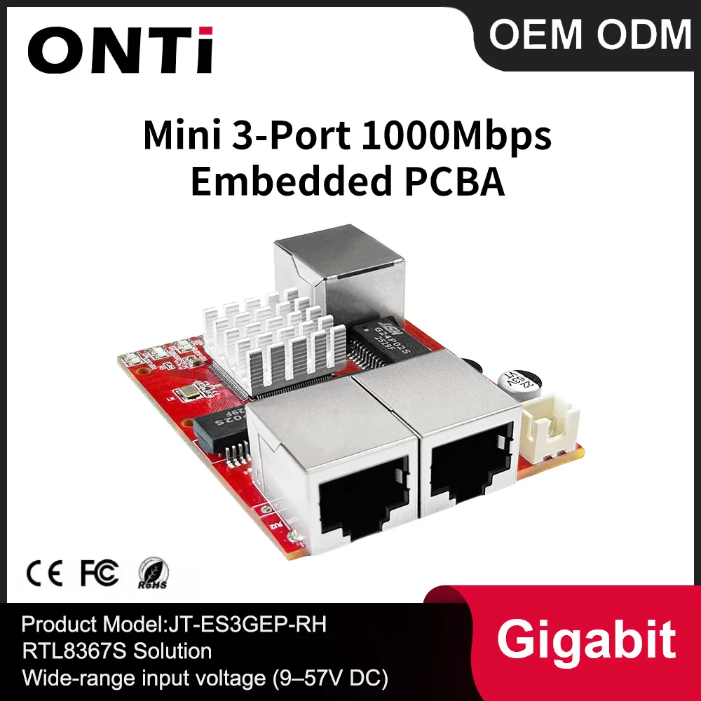 ONTi Mini 3/5 portów 10/100/1000Mbps Gigabit Ethernet switch PCBA dla wbudowanego modułu zintegrowanego, szeroki zakres napięć wejściowych 9-57V DC