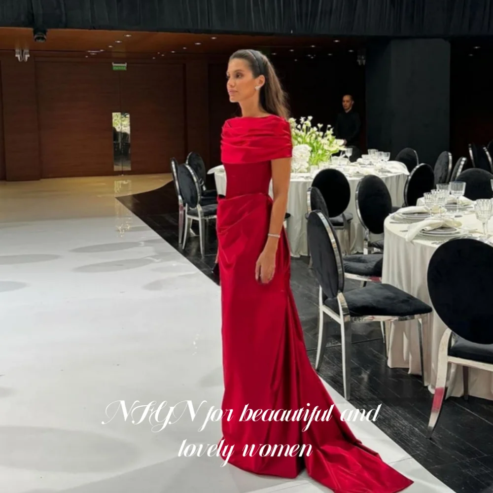 NFYN Red Elegant Formal Gown Satin Pleated Prom Dresses Mermaid Trailing Evening Dresses for Woman vestidos de fiesta Customized
