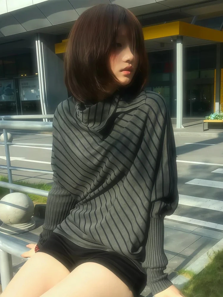 Genayooa Japanese 2000s Sweater Women Striped Knit Pullover Batwing Sleeve Streetwear Y2k Vintage Tops Turtleneck Sweaters