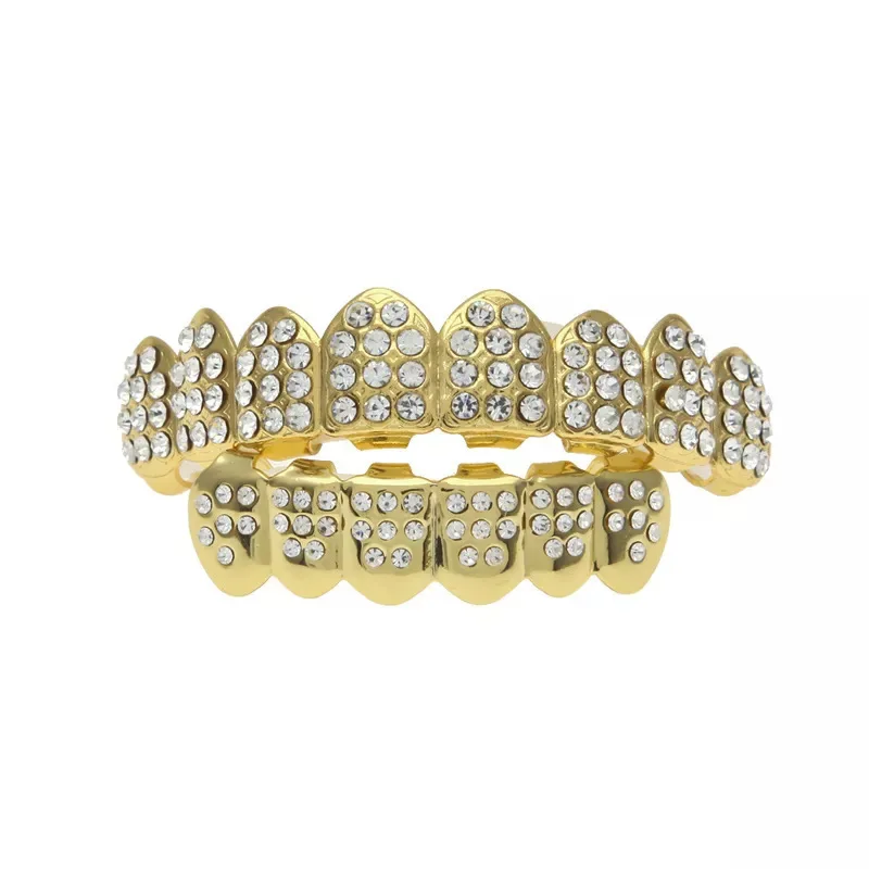 Hip Hop Gold Silver Colour Iced Out CZ Teeth Grillz Top Bottom Men Women Jewelry