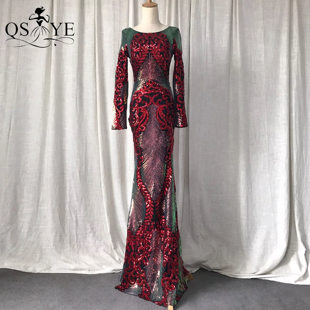 

Burgundy Evening Dresses Scoop Neck Unique Sequin Pattern Lace Formal Gown Long Sleeves Open Low Back Mermaid Prom Party Dress