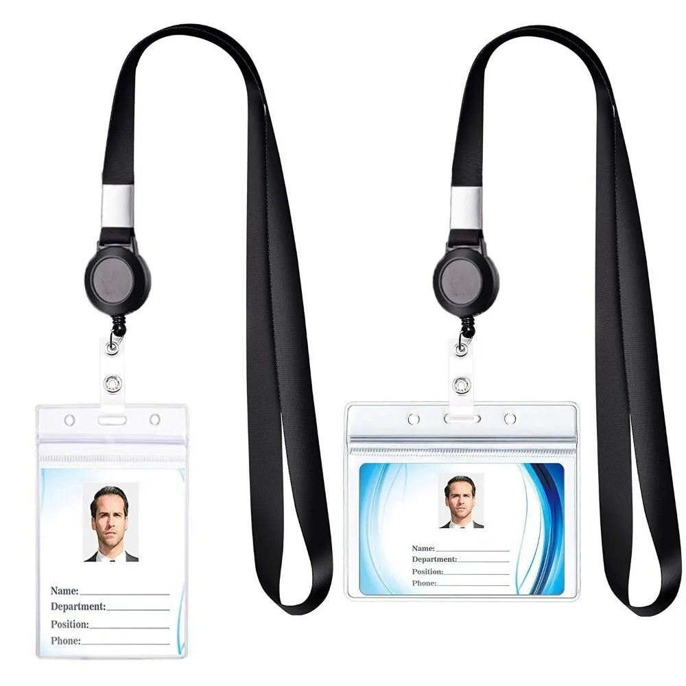 Durable Work Card Holder Retractable Black Lanyard Key Holder with Hanging Rope Waterproof Keychain For Office Staff Teachers