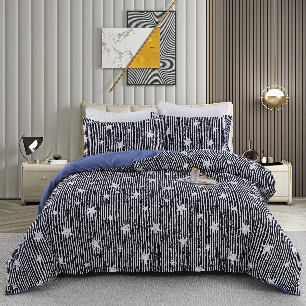 3pcs Geometric Five-pointed Star Pattern Duvet Cover King Queen Bedding Set Star Print Quilt Cover Polyester Comforter Cover