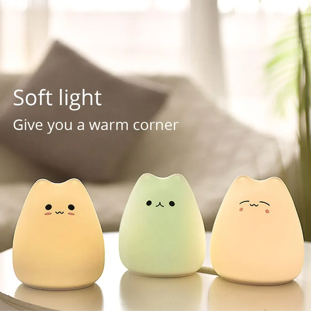 LED Touch Night Light Colorful Cat Silicone Animal Light Cartoon Lamp Bedroom Decoration Lights Bedside Lighting