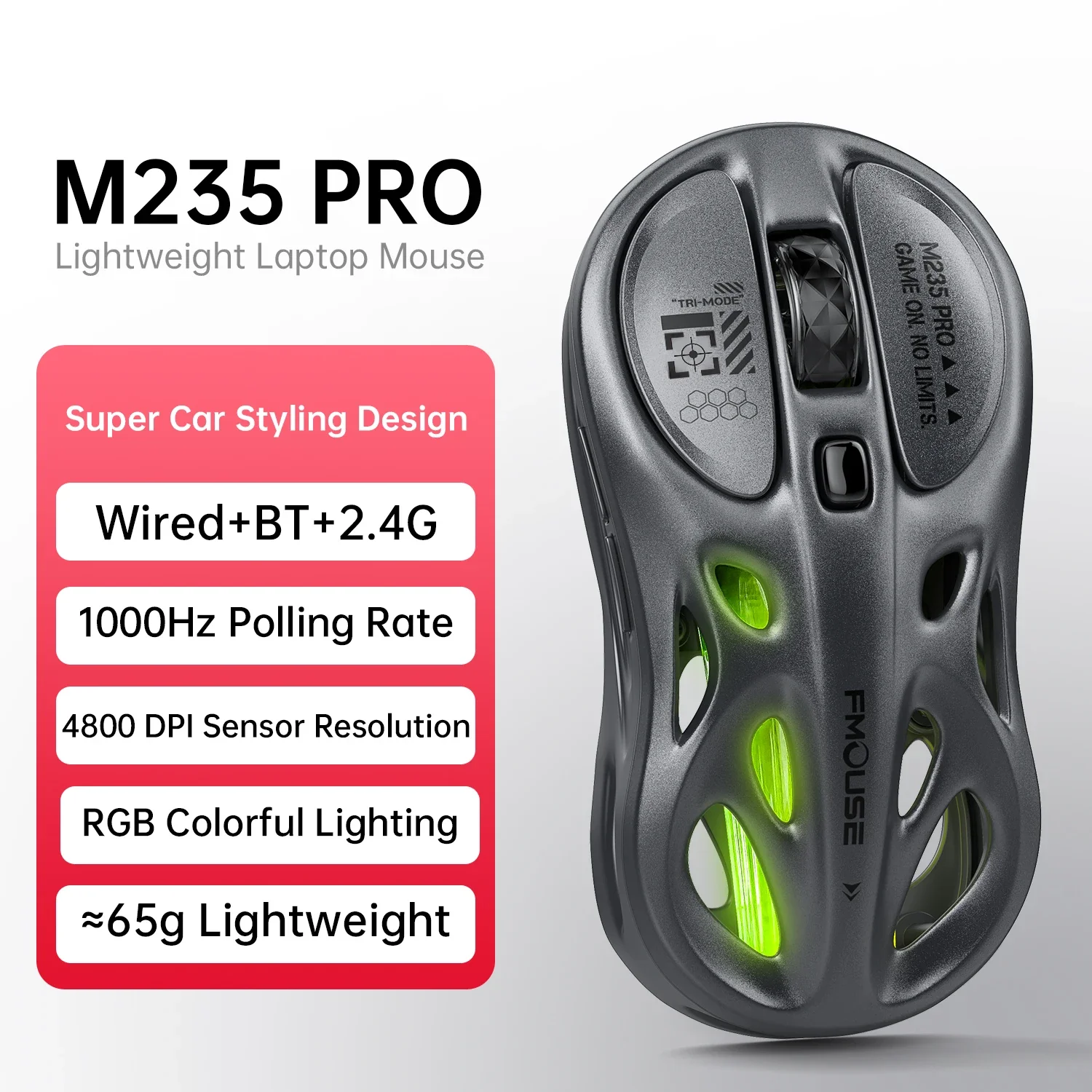 M235 Pro Lightweight Wireless Laptop Mouse BT/2.4G/Wired RGB 1000Hz Polling Rate Programmable Designed for Comfortable Office