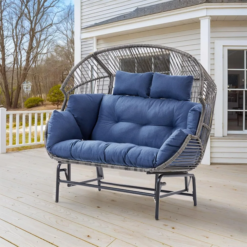 Double Egg Chair Outdoor Glider Loveseat, 550LBS Weight Capacity Wicker Patio Rocking Egg Chairs, Handwoven Rattan Porch