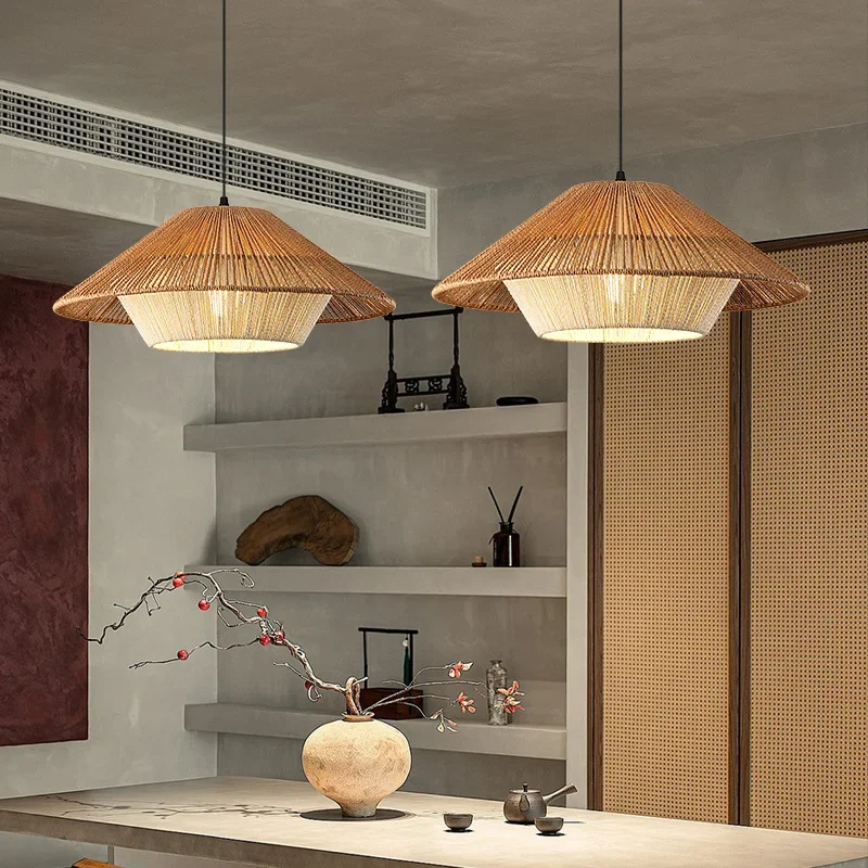 Retro Wicker Basket Pendant Lamp Boho Rattan Pendant Light Fixture Vintage Farmhouse E27 Hand Woven Hemp Rope Hanging Chandelier