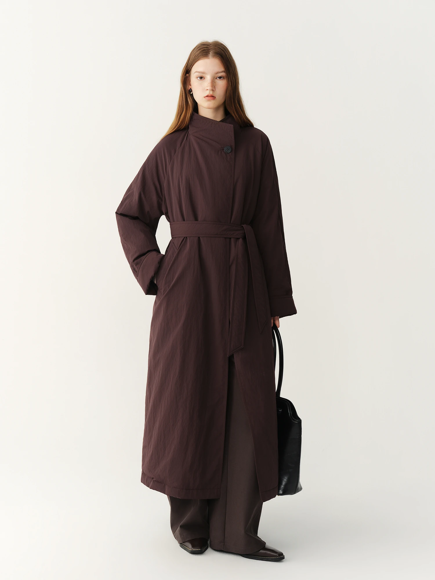 FSLE 2026 Winter Women's Commute Stand Collar Direct Down Fill Trench Inspired Down Mid Long Puffer Coat Warm Quilted Outerwear