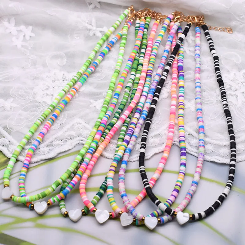 New Color  Boho Natural Shell Heart Beads Necklace 4mm Color Soft Polymer Clay Beads Choker Necklace Beach Jewelry Gift