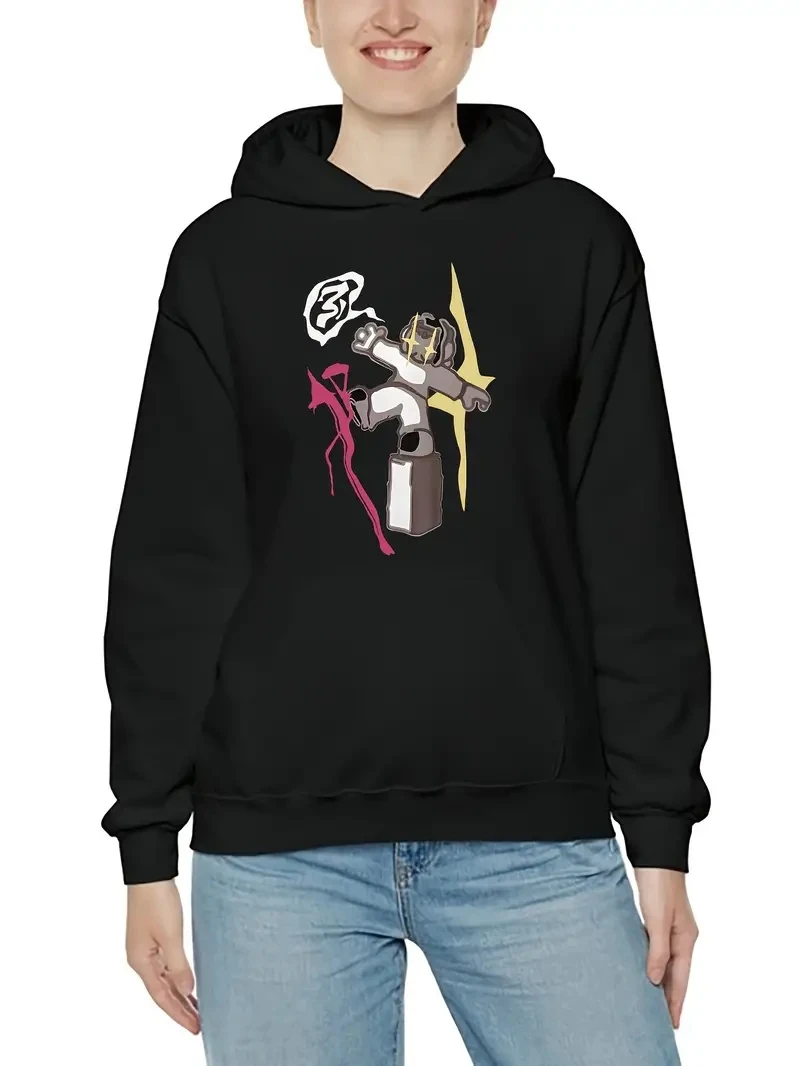 

Cartoon Print Casual Hooded Sweatshirt Long Sleeves With Front Pockets Hoodie Women Clothing